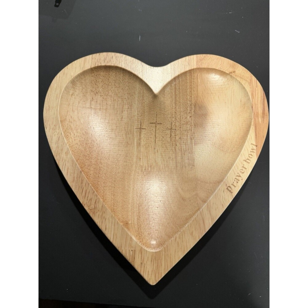 Wood Heart-Shaped Prayer Bowl Tray with Cross Engraving, Christianity